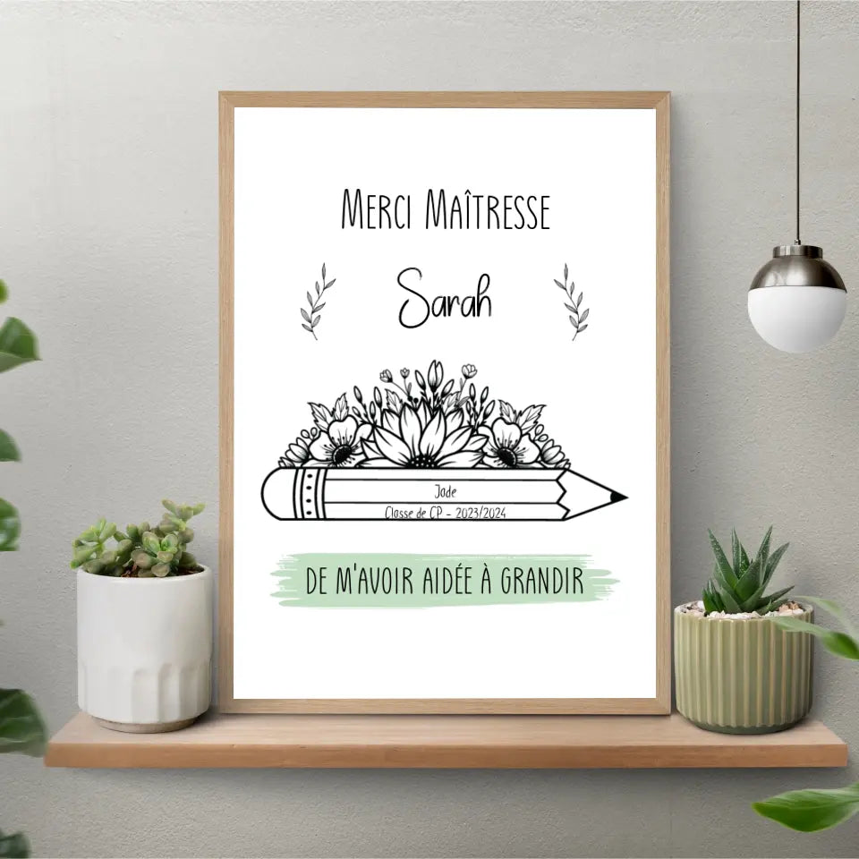 Affiche fin d'année scolaire personnalisée - Merci maîtresse, maître, atsem, nounou, crèche...