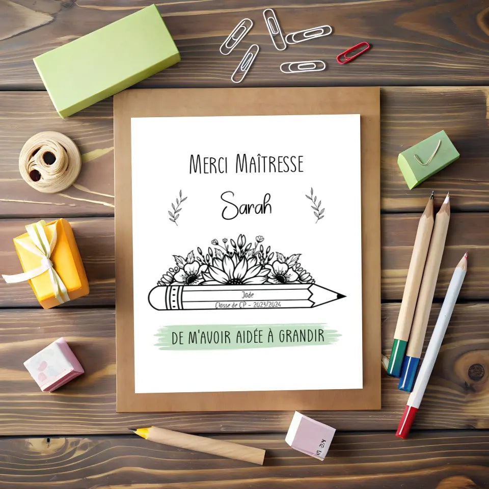 Affiche fin d'année scolaire personnalisée - Merci maîtresse, maître, atsem, nounou, crèche...