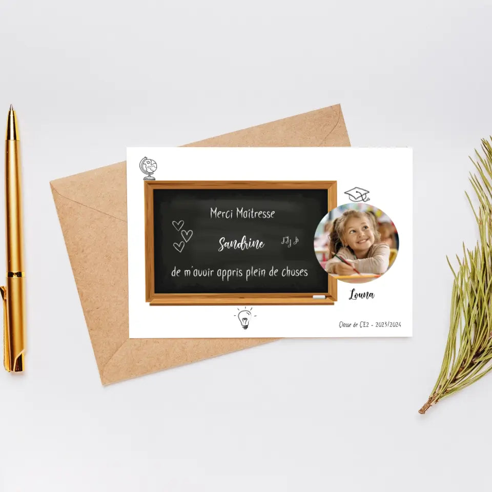 Affiche fin d'année scolaire personnalisée - Merci maîtresse ou maître avec photo