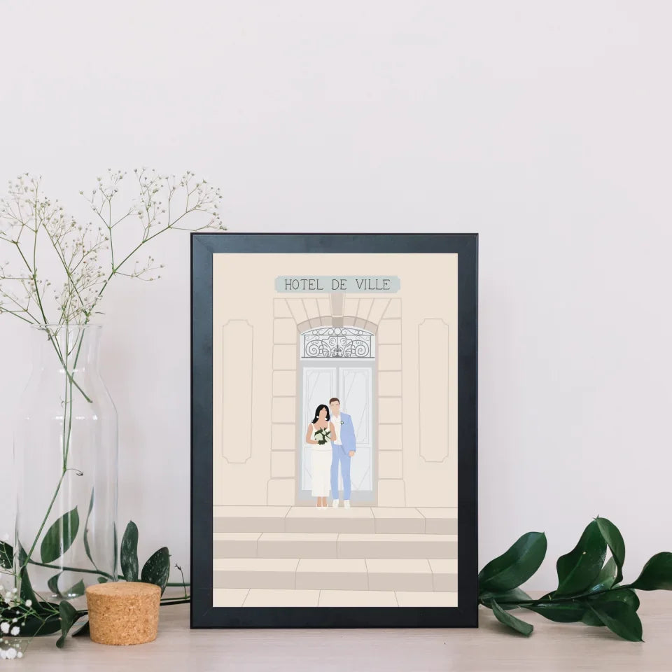 Illustration personnalisée ultra minimaliste avec décor - Mariés