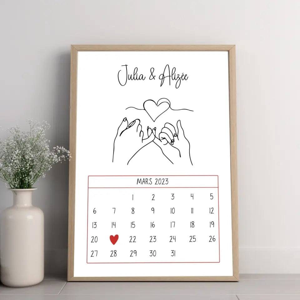 Affiche couple personnalisée - Calendrier avec dessin minimaliste