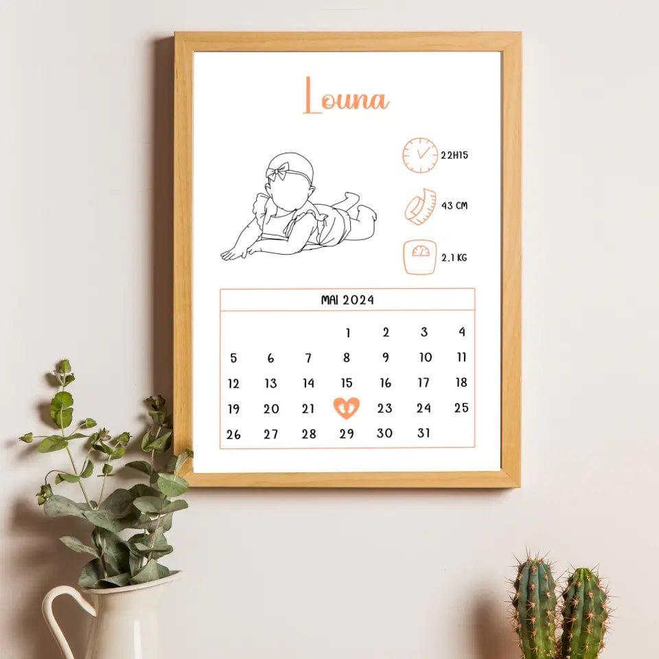 Affiche naissance personnalisée - Calendrier avec bébé silhouette