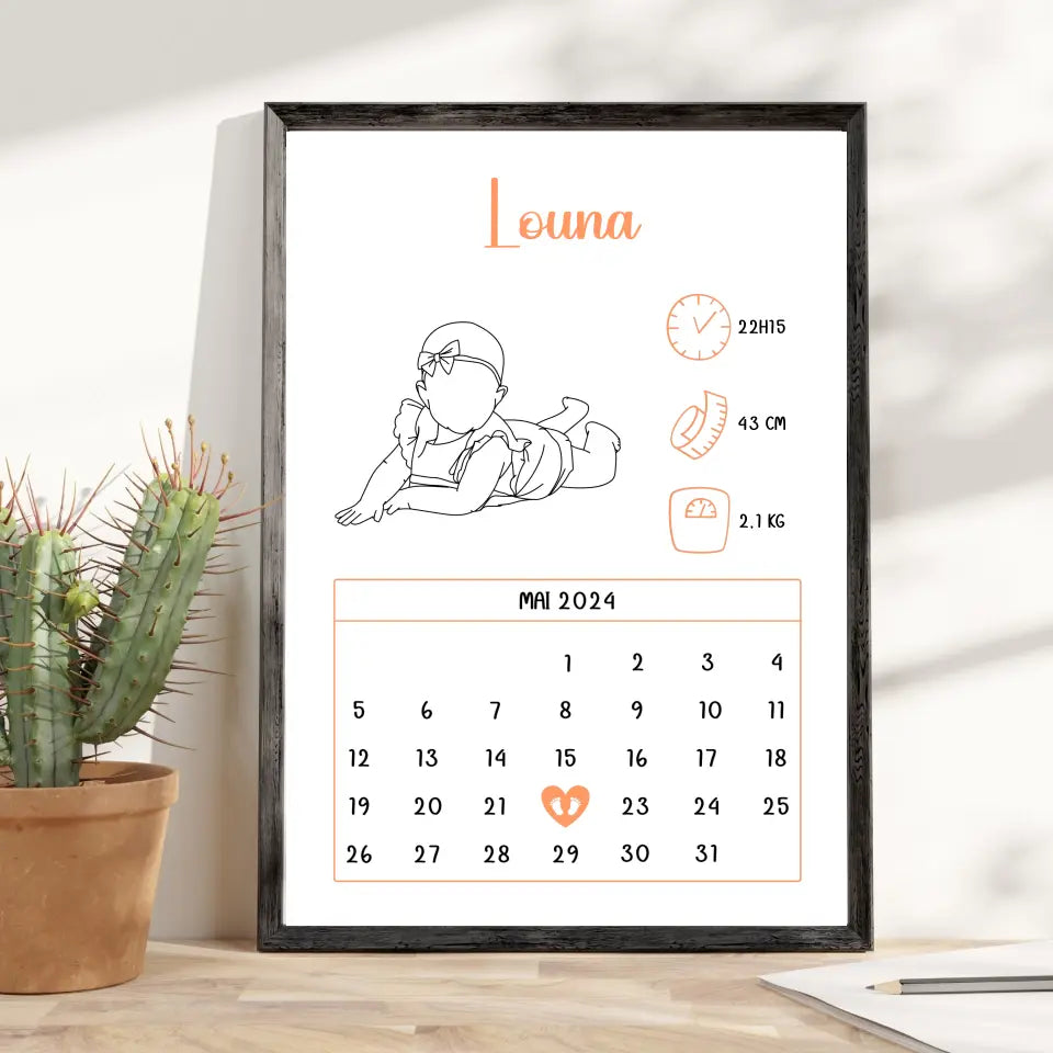 Affiche naissance personnalisée - Calendrier avec bébé silhouette