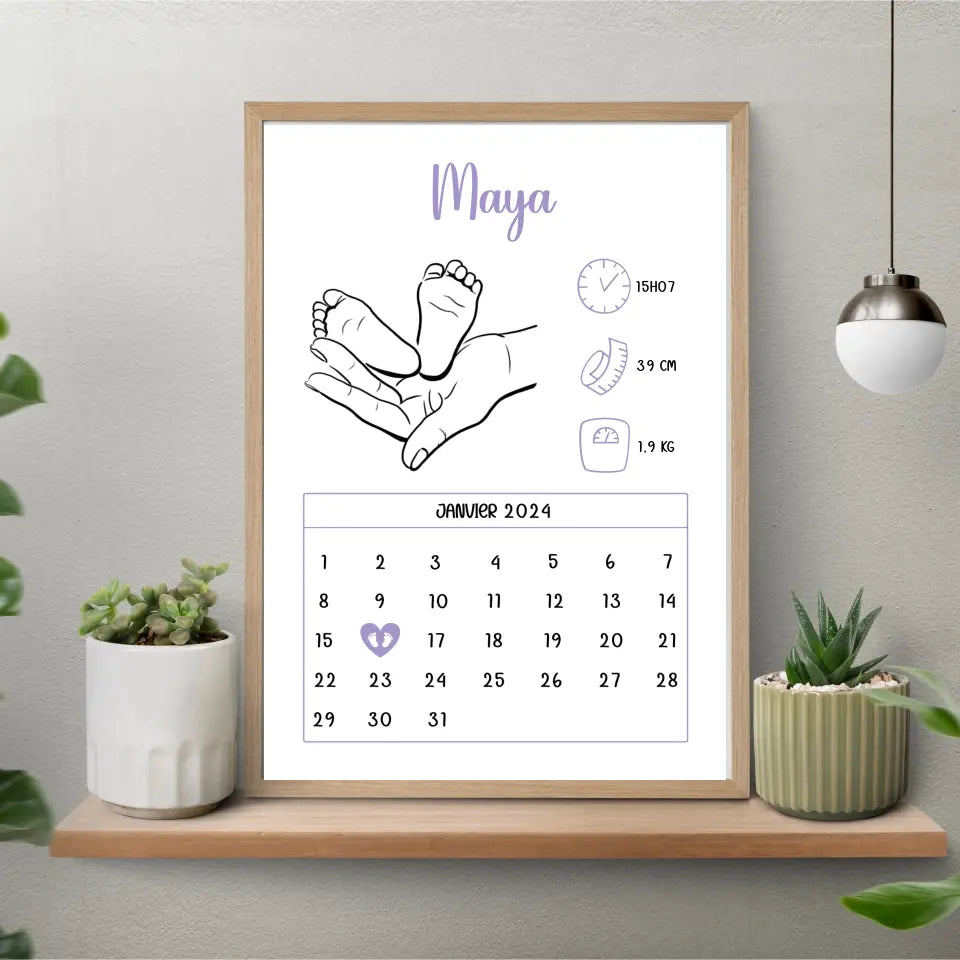 Affiche naissance personnalisée - Calendrier avec dessin minimaliste