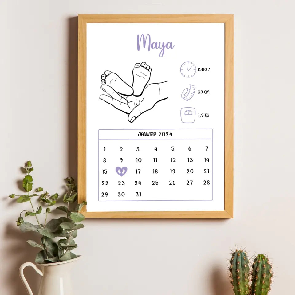 Affiche naissance personnalisée - Calendrier avec dessin minimaliste