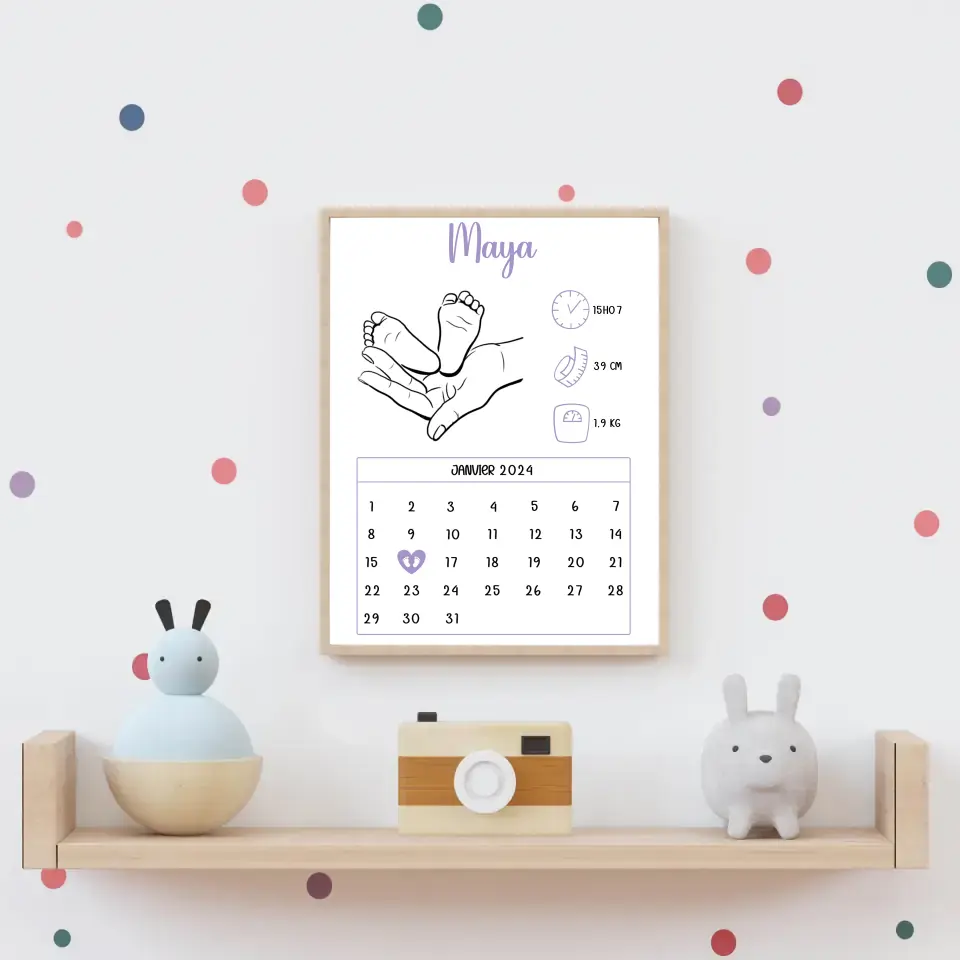 Affiche naissance personnalisée - Calendrier avec dessin minimaliste