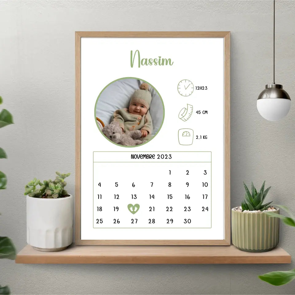 Affiche naissance personnalisée - Calendrier avec photo