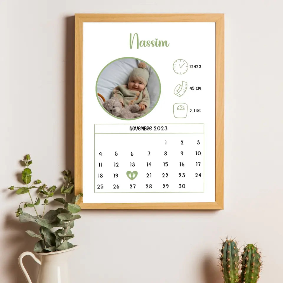 Affiche naissance personnalisée - Calendrier avec photo