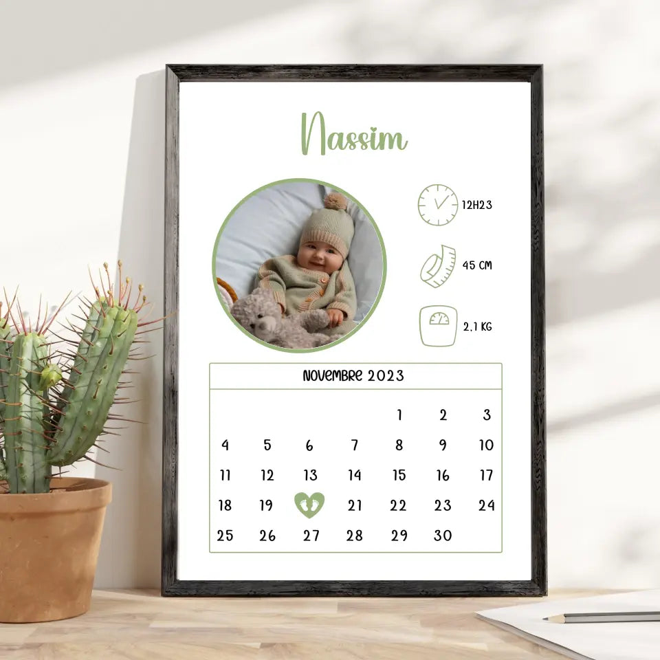 Affiche naissance personnalisée - Calendrier avec photo