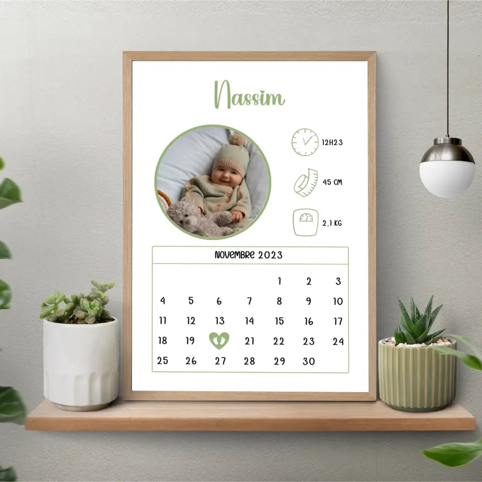 Affiche naissance personnalisée - Calendrier avec photo