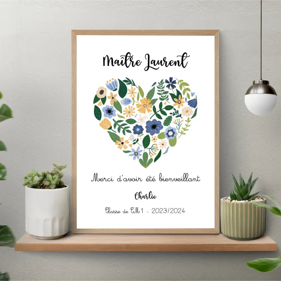 Affiche fin d'année scolaire personnalisée - Merci maîtresse, maître, atsem, nounou, crèche... coeur fleuri